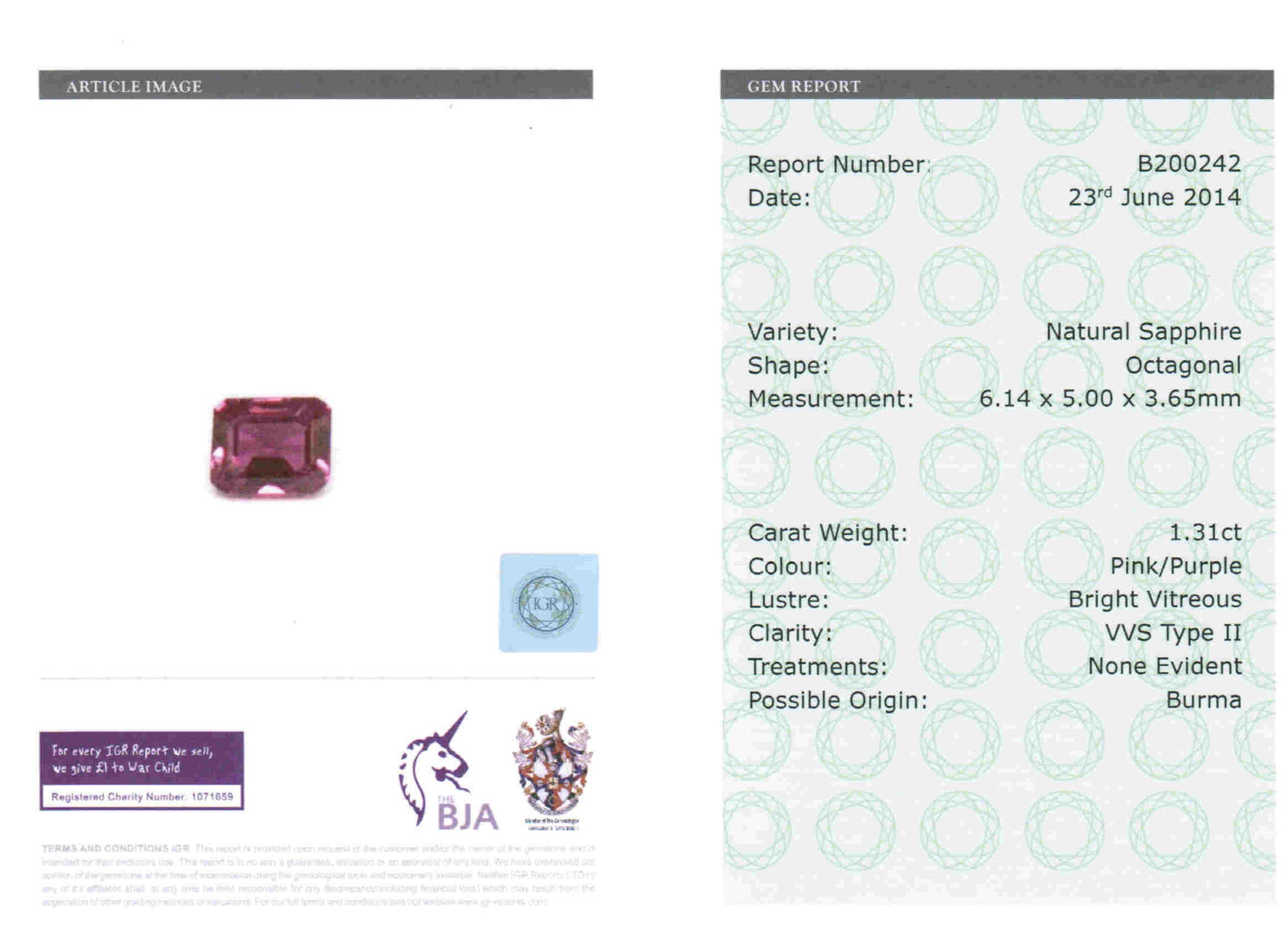 1.31ct Pink/Purple, Octagon Sapphire, No Heat, Burma - 6.14 x 5.00 x 3.65mm