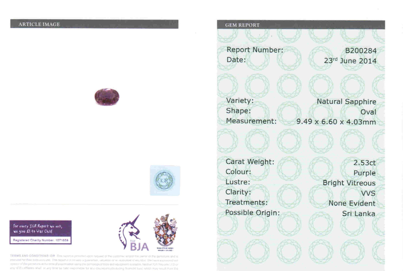 2.53ct Purple, Oval Sapphire, No Heat, Sri Lanka - 9.49 x 6.60 x 4.03mm