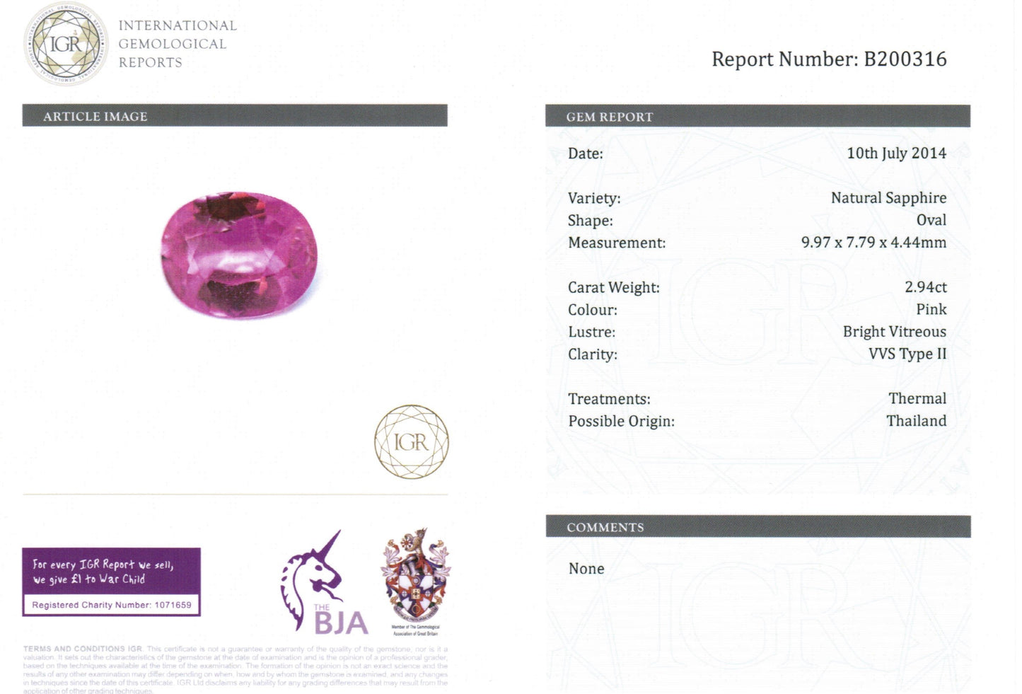 2.94ct Pink, Oval Sapphire, Heated, Thailand - 9.97 x 7.79 x 4.44mm
