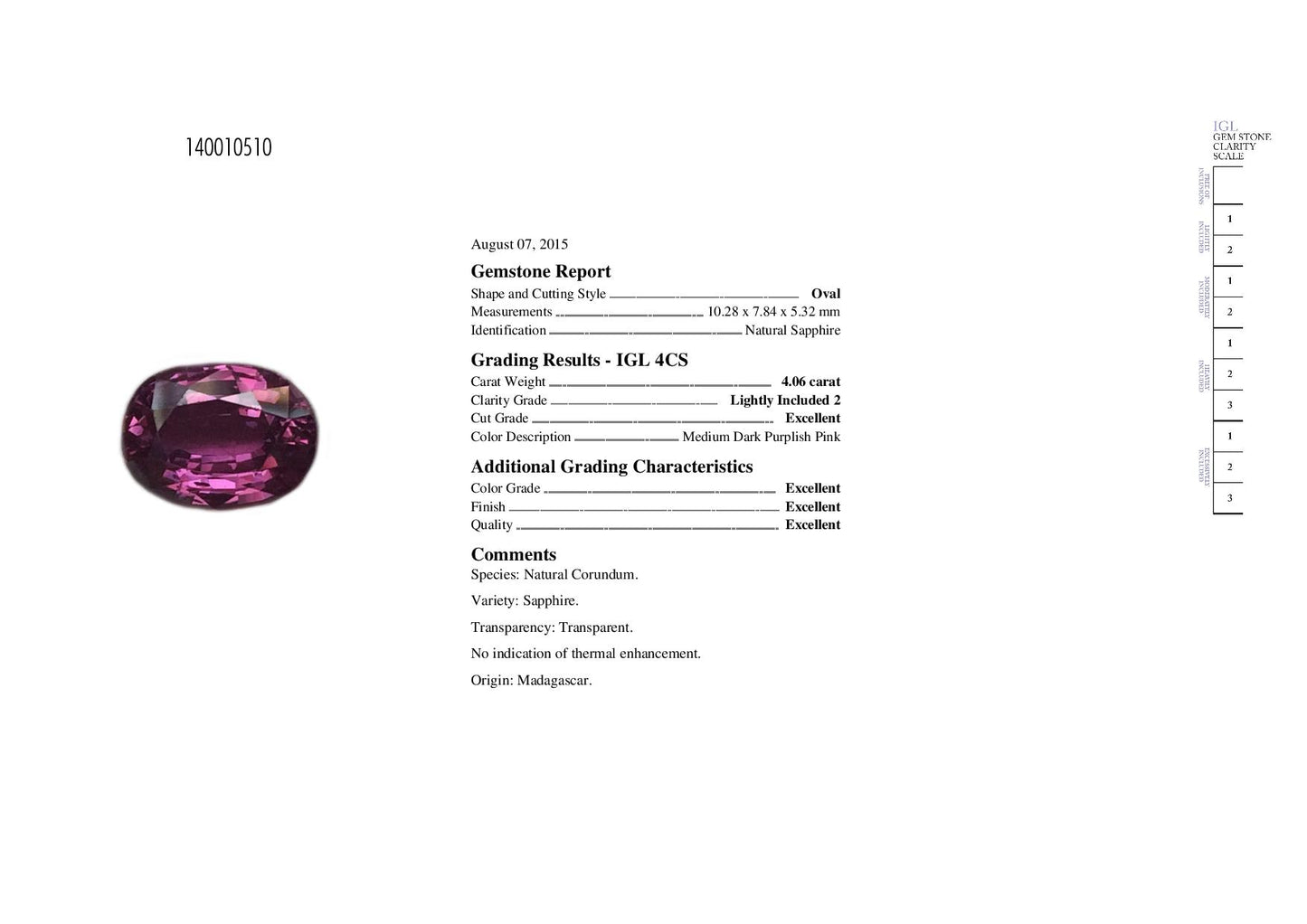 4.06ct Purplish Pink, Oval Sapphire, No Heat, Madagascar - 10.28 x 7.84 x 5.32mm